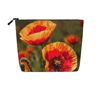 Pochette per trucchi con stampa di papaveri e fiori per donne, grande capacità, da viaggio, con cerniera