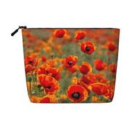 Pochette per trucchi con stampa di papaveri e fiori per donne, grande capacità, da viaggio, con cerniera