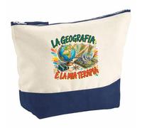 Pochette Trucchi con Scritta La Geografia È la Mia Terapia | Beauty Case Grande in Cotone Bicolore, 5 L, 33 × 23 cm, Zip in Metallo | Pochette Viaggio | Regalo per Lei, Compleanno