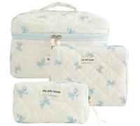 pochette trucchi Set di 3 borse for il trucco trapuntate in cotone for donne e ragazze, borse for cosmetici floreali da viaggio, grazioso astuccio viaggio(Medium Wash-Bow)