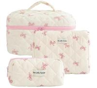 pochette trucchi Set di 3 borse for il trucco trapuntate in cotone for donne e ragazze, borse for cosmetici floreali da viaggio, grazioso astuccio viaggio(White-Pink Bow)