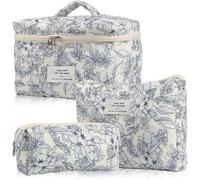pochette trucchi Set di 3 borse for il trucco trapuntate in cotone for donne e ragazze, borse for cosmetici floreali da viaggio, grazioso astuccio viaggio(Donker Blauw)