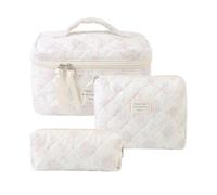 pochette trucchi Set di 3 borse for il trucco trapuntate in cotone for donne e ragazze, borse for cosmetici floreali da viaggio, grazioso astuccio viaggio(Light Pink-Flower)