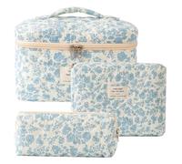 pochette trucchi Set di 3 borse for il trucco trapuntate in cotone for donne e ragazze, borse for cosmetici floreali da viaggio, grazioso astuccio viaggio(Pastel Blue)