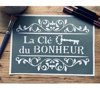 Pochoirsdeco.fr - Stencil adesivo medaglione La chiave della felicità, PVC morbido, riutilizzabile, artigianato francese, 30 x 20 cm. Multi-supporti, fai da te, Ristrutturazione mobili, buffet.
