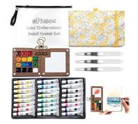 Pocket Artist - Set da viaggio per acquerelli da viaggio, 15 griglie, mini set di acquerelli da viaggio, include una tavolozza pieghevole in legno, un album da disegno, custodia, pennelli, colori