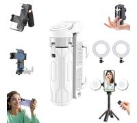 Pocketflex Mini Tripod,2025 New Selfie Stick Tripod with Remote,Razunoth Tripod Mini Jj02,One-Touch Push Button Switch with Detachable Remote Control,with Retractable&360° Adjustable (2 lights,White)