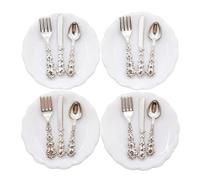 Pocoiau 4Sets Miniature Kitchen Tableware Set Display Accessories for 1/12 Scale Dollhouses with Realistic Plates And Cutlery Dollhouses Dining Set