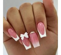 Pocoiau unghie finte, 24Pcs Press On Nails Lungo Piazza Unghie Finte Con Bianco Francese Tip Full Covers Stick on Nails Lucido 3D Archi Disegni
