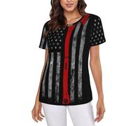 POCUK Firefighter Axe Red Line Flag T-shirt da donna a maniche corte classica estiva girocollo top, Nero , L