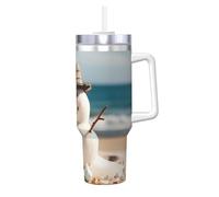 POCUK Pupazzo di neve con conchiglie seduto sulla spiaggia sabbiosa 1,18 oz Ice Bully con manico riutilizzabile tazza isolata per bevande fredde e calde