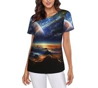 POCUK Universe Landscape Painting T-shirt da donna a maniche corte classica estiva girocollo top, Nero , L