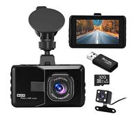 Podazz Dash Cam Doppia Telecamera per Auto con Scheda SD da 32 GB, 1080P Visione Notturna, 3 Pollici Obiettivo Grandangolare di 170°, WDR, G-Sensor, Registrazione in Loop, Sensore Parcheggio