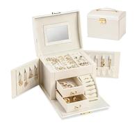 Podazz Portagioie grande con serratura in pelle con specchio - 3 ripiani e 2 cassetti per anelli, orecchini, collane, bracciali - regalo per donna (crema)