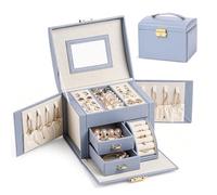 Podazz Portagioie grande con serratura in pelle con specchio - 3 ripiani e 2 cassetti per anelli, orecchini, collane, bracciali - regalo per donna (blu polveroso)