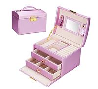 Podazz Scatola di Gioielli Cofanetto Portagioie Beauty Case di immagazzinaggio a Tre Strati Organizer Gioielli con Specchio e Serratura per Anelli Collane Orecchini, Viola（18.5 * 15 * 14cm）