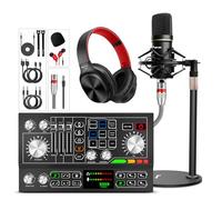 Podcast Equipment Bundle ALL-IN-ONE Audio Interface DJ Mixer Podcast Microfono 48V Phantom Power Supply per la registrazione in streaming, nero