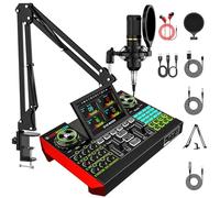 Podcast Equipment Bundle con microfono a condensatore BM800 da 3,5 mm per pc/telefono live streaming canto gaming, podcast microfono bundle con scheda audio live mixer audio, cambia voce, Denoise, DJ