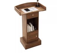 Podio curvo regolabile in legno rosso con ruote, doppio strato, leggio in metallo per presentazioni, discorsi ed eventi, design portatile ed elegante