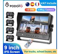 Podofo Monitor per retrovisione da 9 pollici con 4 telecamere di backup 4 Display diviso Registrazione video Visione notturna a infrarossi per autobus camion 12-24V 4Camera Monitor