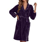 PODOLIXIA Accappatoio da donna, morbido, lunghezza al ginocchio, morbido peluche, vestaglia invernale, flanella, biancheria da notte, a maniche lunghe, kimono con tasche, viola scuro, XL