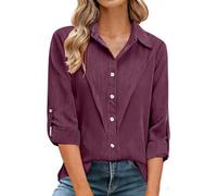 PODOLIXIA Camicetta da donna con colletto - maniche roll-up, camicetta per il tempo libero con bottoni, effetto lino, camicetta da lavoro, casual, per ufficio estate e vacanze, Mattone Rosso, M