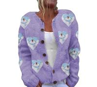 PODOLIXIA Cardigan corto da donna, lavorato a maglia, cardigan, Natale, pupazzo di neve, stampa casual, maniche lunghe, open frontale, maglia da donna, maglione con bottoni, Lilla, L