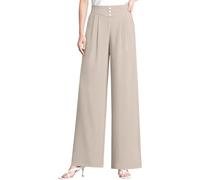 PODOLIXIA Eleganti pantaloni da donna a vita alta, gamba larga, elasticizzati, con pieghe, estivi, casual, da lavoro, con elastico, beige., L