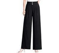 PODOLIXIA Eleganti pantaloni da donna a vita alta, gamba larga, elasticizzati, con pieghe, estivi, casual, da lavoro, con elastico, Nero , XL