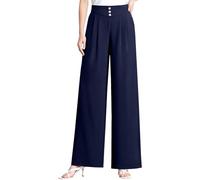 PODOLIXIA Eleganti pantaloni da donna a vita alta, gamba larga, elasticizzati, con pieghe, estivi, casual, da lavoro, con elastico, Blu scuro, L