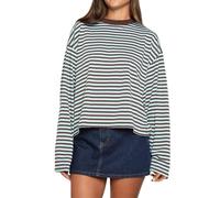 PODOLIXIA Maglietta a maniche lunghe da donna a righe, oversize, a maniche lunghe, scollo rotondo, a righe, basic da donna, caffè, M