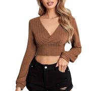 PODOLIXIA Maglietta a maniche lunghe da donna, con scollo a V, slim fit, senza pancia, maglietta basic da donna, a maniche lunghe, tinta unita, marrone, S