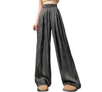 PODOLIXIA Pantaloni comodi da donna, a gamba larga, in raso, per il tempo libero, con elastico in vita e coulisse, per la primavera, estivi, leggeri, casual, da donna, Nero , M