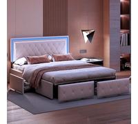 Poeahu Letto 140 x 200 con rete, letto matrimoniale imbottito con 4 cassetti e testiera regolabile, telaio letto con LED, letti 2 persone con ripostiglio, PU, beige (senza materasso)