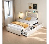 Poeahu Letto 90 x 200 con 2 cassetti, letto singolo imbottito con LED e USB, letti singoli con rete a doghe per bambini adolescenti adulti, velluto, beige (senza materasso)
