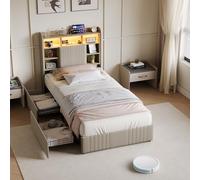Poeahu Letto 90 x 200 con rete LED e USB, letto singolo con 2 cassetti di stoccaggio, telaio letto singolo con rete a doghe, letti imbottiti in lino (Beige F+Lin, 90 x 200 cm)