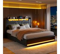 Poeahu Letto baule 160 x 200 con LED e porta USB, letto matrimoniale con contenitore idraulico e testiera imbottita con letti trapuntati, letti matrimoniali con doghe in legno, senza materasso, PU