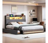 Poeahu Letto con vano portaoggetti 140 x 200 cm, letto matrimoniale con 4 cassetti e rete a doghe, testiera con spazio di archiviazione e funzione di ricarica USB, letto a molle per ragazzi e ragazzi