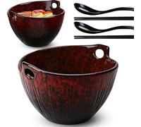 POECER - Set di 2 ciotole giapponesi in ceramica per ramen, con bacchette e cucchiai, adatte al microonde e alla lavastoviglie, per insalata Pho Udon Soba, speciale set di ciotole smaltate color