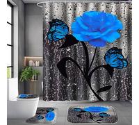 Poedist Set di tende da doccia rare e preziose con tappeti antiscivolo, copriwater e tappetino da bagno, tenda da bagno impermeabile resistente con 12 ganci (blu-rosa)