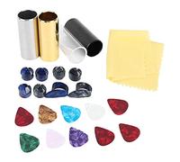 POENVFPO Kit di Accessori per Chitarra Professionale con 10 Plettri in Celluloide, 4 Cursori in Metallo e Vetro, 8 Culle per le Dita, Scatola Portaoggetti Portatile in Ferro per Principianti e