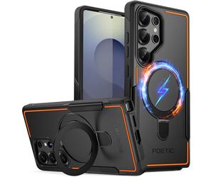 POETIC Neon MagPro Custodia per Samsung Galaxy S25 Ultra 5G, supporto magnetico ad anelli, doppio strato, resistente, antiurto, colore: nero/arancione