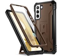 Poetic Revolution - Custodia protettiva robusta e antiurto, compatibile con Galaxy S22 5G da 6,1 pollici, con cavalletto, protezione schermo integrata, lavoro con ID impronte digitali, marrone