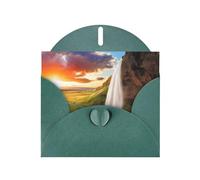 POEZJZW Biglietto di auguri bianco con motivo a cascata e fiume con tramonto in Islanda, carta perlata, adatto per feste di compleanno e matrimoni, con busta verde scuro