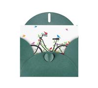 POEZJZW Biglietto di auguri bianco in carta perlata con motivo uccellini e fiori in bicicletta, adatto per feste di compleanno e matrimoni, con busta verde scuro