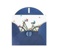 POEZJZW Biglietto di auguri bianco in carta perlata con motivo uccellini e fiori in bicicletta, adatto per feste di compleanno e matrimoni, con busta blu