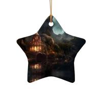 Poezjzw Castello nella foresta modello ornamento di Natale in ceramica a forma di stella appeso regali per le vacanze di Natale, ornamenti per la decorazione della casa