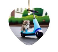 Poezjzw Gattino che gioca a scooter modello ornamento natalizio in ceramica a forma di cuore appeso ciondolo regali per le vacanze di Natale, ornamenti per la decorazione della casa
