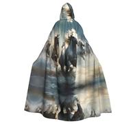 POEZJZW Horses Running Wild In The River Pattern Full Length Hooded Robe Mantello Lungo Mantello Halloween Cosplay Costume Felpe con cappuccio Mantello Unisex