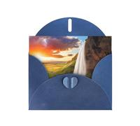 POEZJZW Islanda cascata fiume campo tramonto fantasia perla carta vuota biglietto di auguri adatto per feste di compleanno matrimonio invito con busta blu